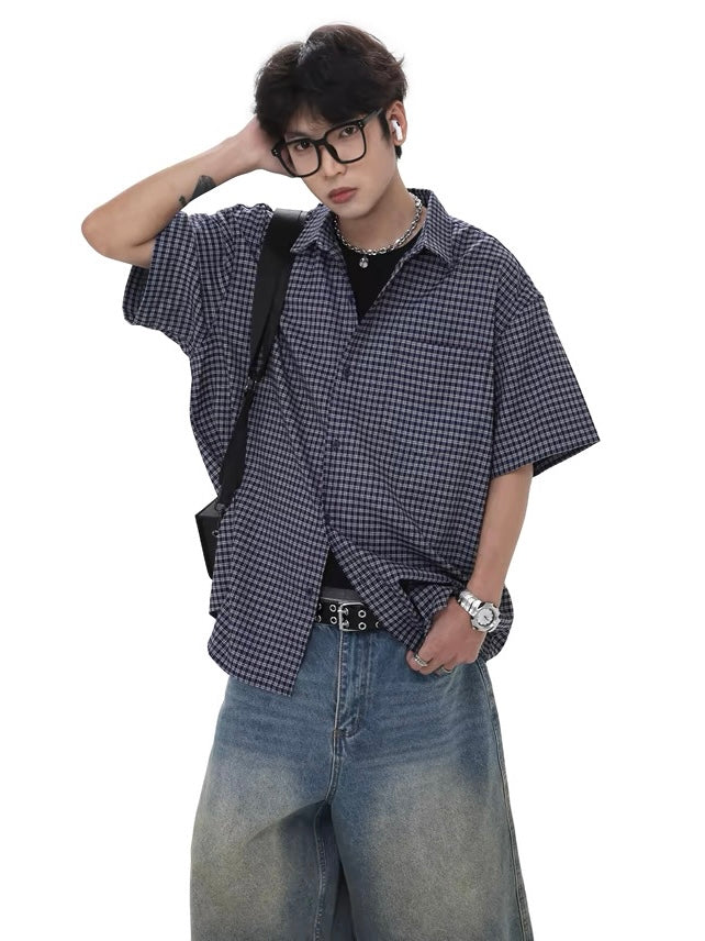 Mainline Retro Loose Short Sleeve Plaid Shirt  OR0475