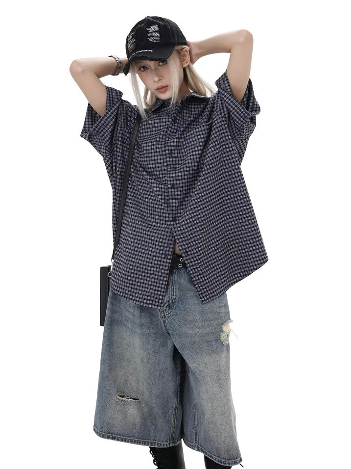 Mainline Retro Loose Short Sleeve Plaid Shirt  OR0475