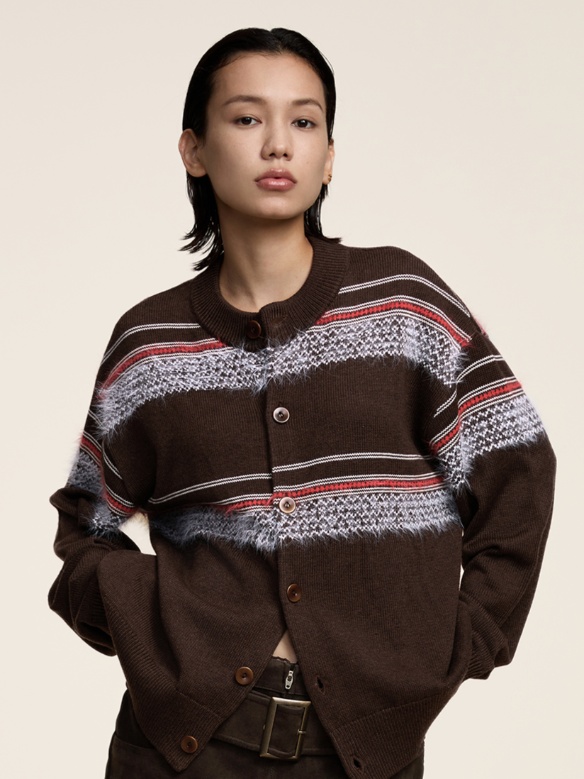 Faux Mink Stripes Vintage-Inspired Preppy Crewneck Cardigan  OR0492