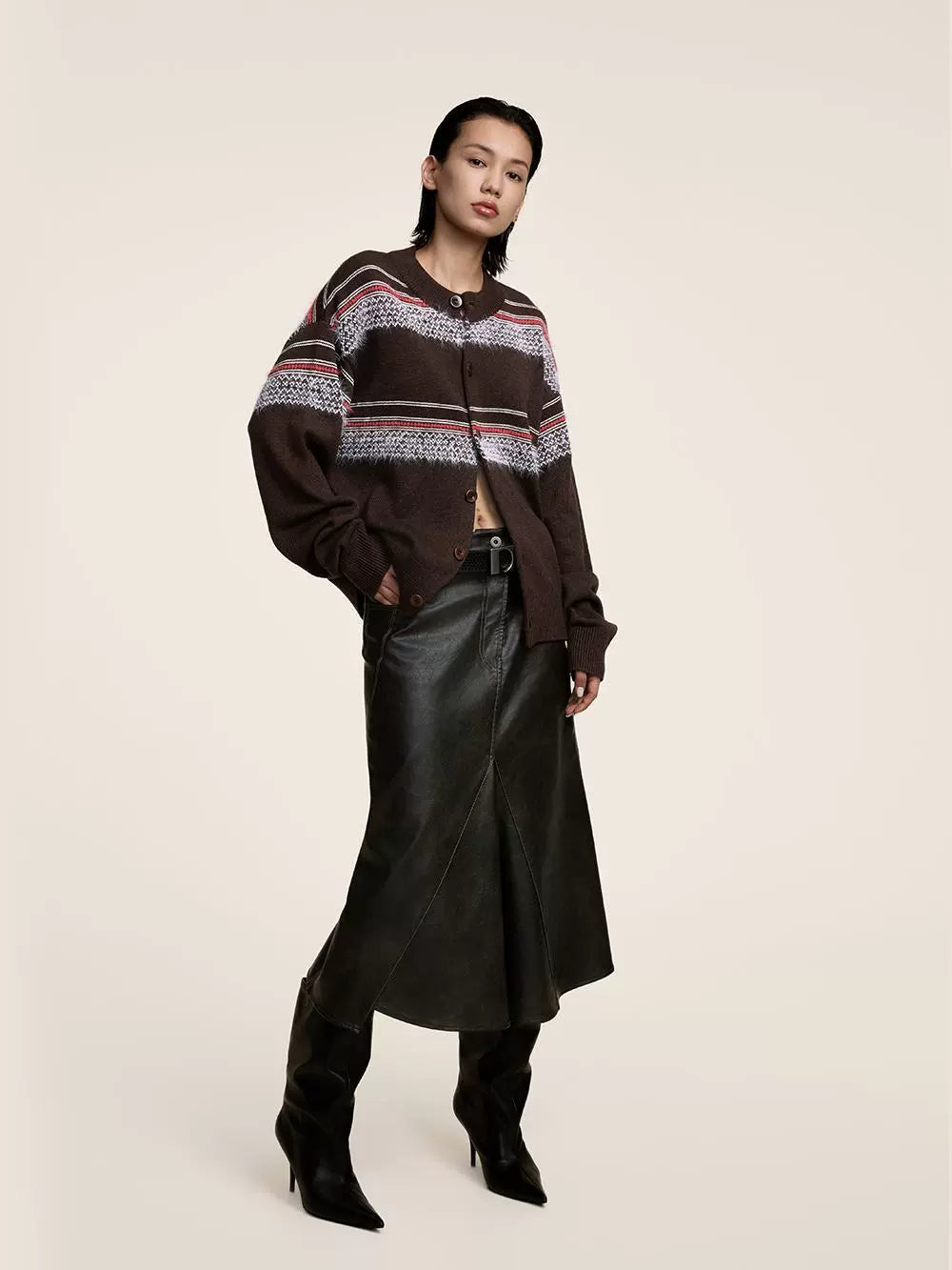 Faux Mink Stripes Vintage-Inspired Preppy Crewneck Cardigan  OR0492