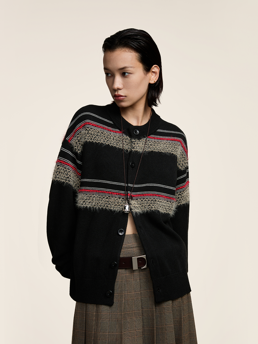 Faux Mink Stripes Vintage-Inspired Preppy Crewneck Cardigan  OR0492