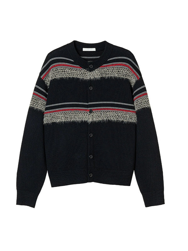 Faux Mink Stripes Vintage-Inspired Preppy Crewneck Cardigan  OR0492