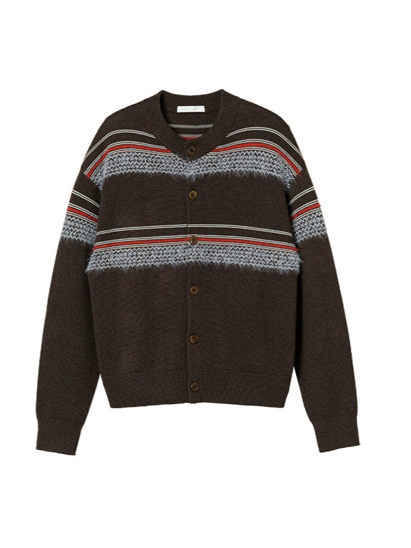 Faux Mink Stripes Vintage-Inspired Preppy Crewneck Cardigan  OR0492