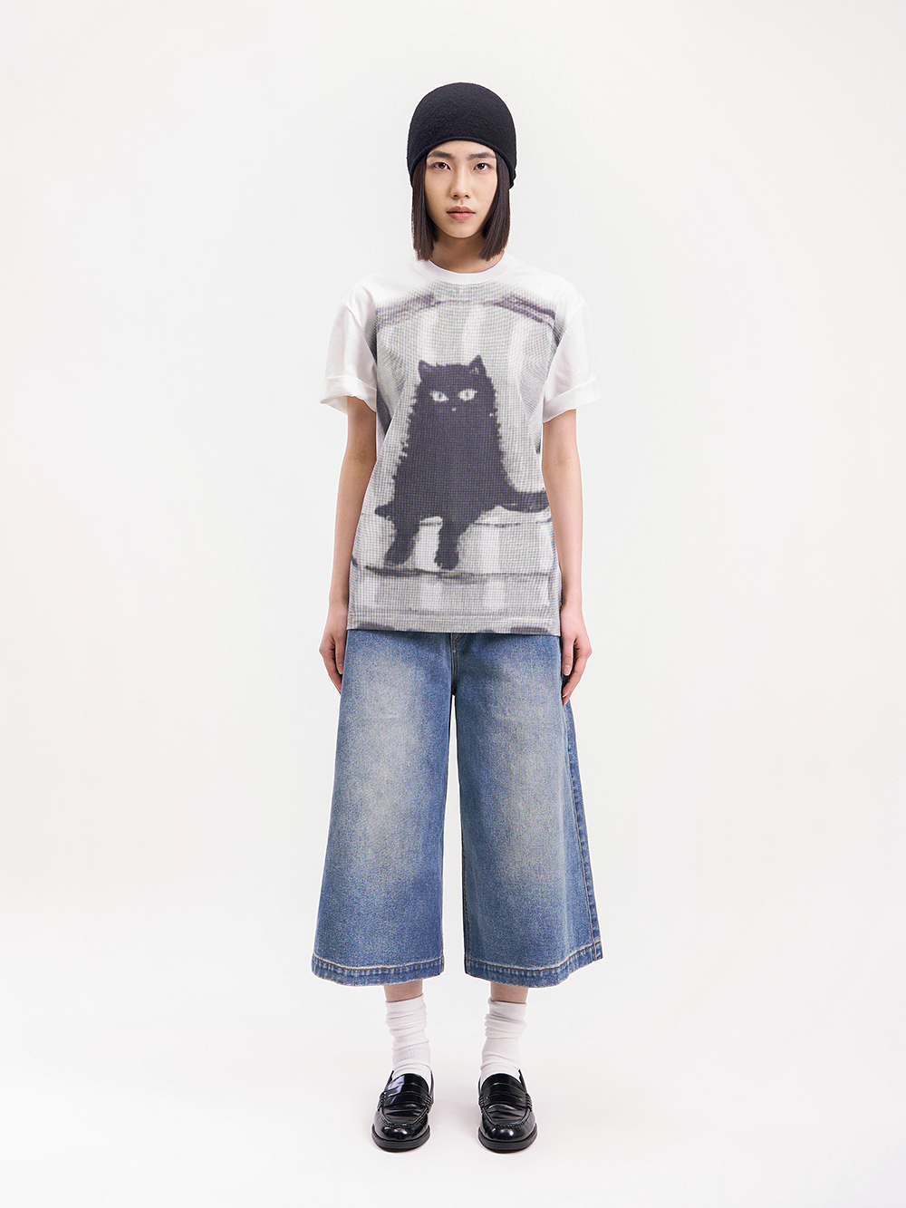 Relaxed Fit Cat Print Full-Print Casual Tee  OR0495