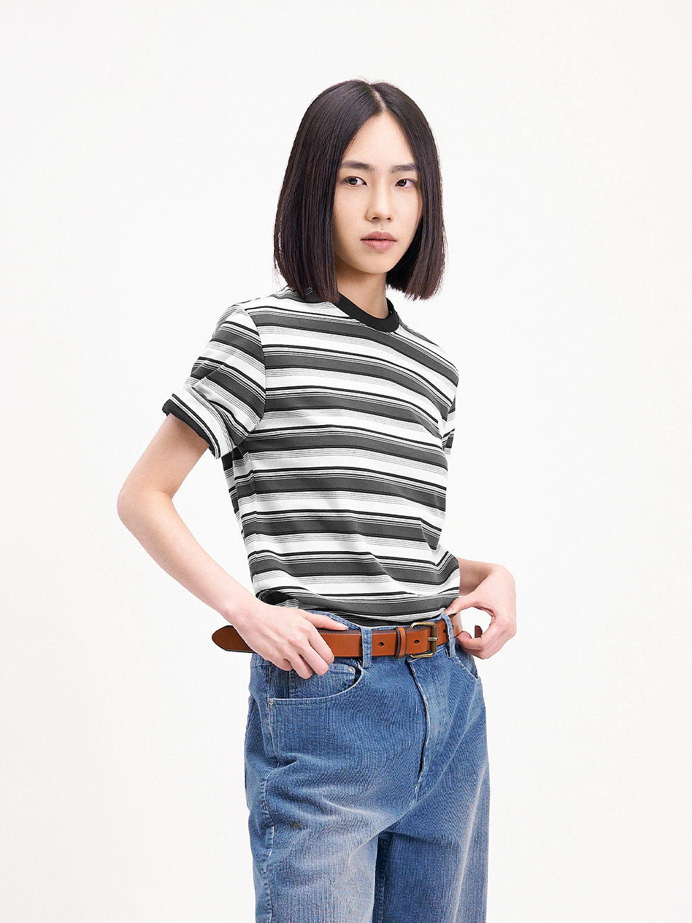 Vintage-Inspired Black and White Stripes Crewneck Tee  OR0497