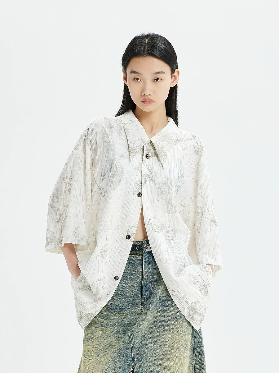 Vintage-Inspired Pleated Texture Full-Print Shirt  OR0500