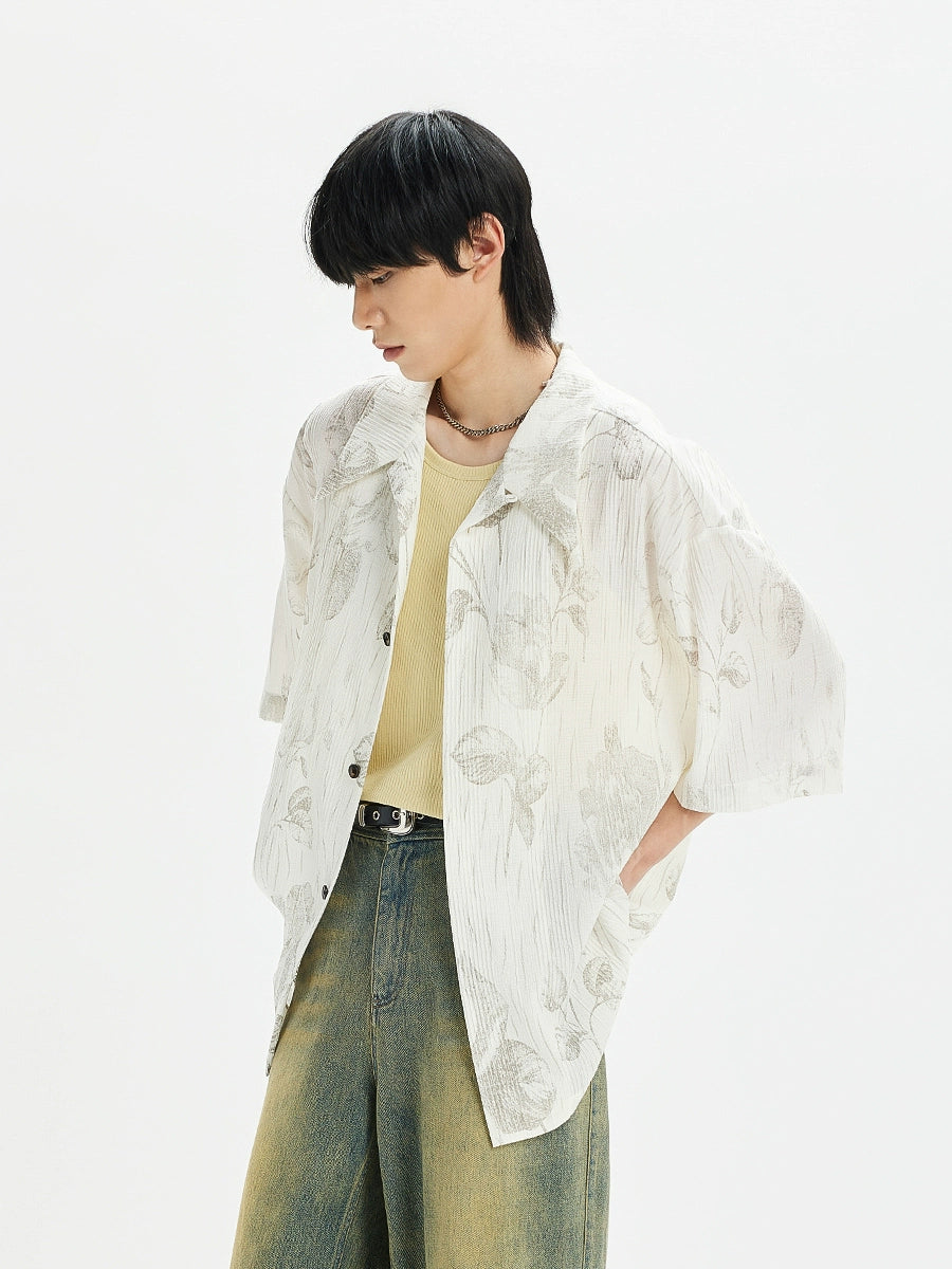 Vintage-Inspired Pleated Texture Full-Print Shirt  OR0500