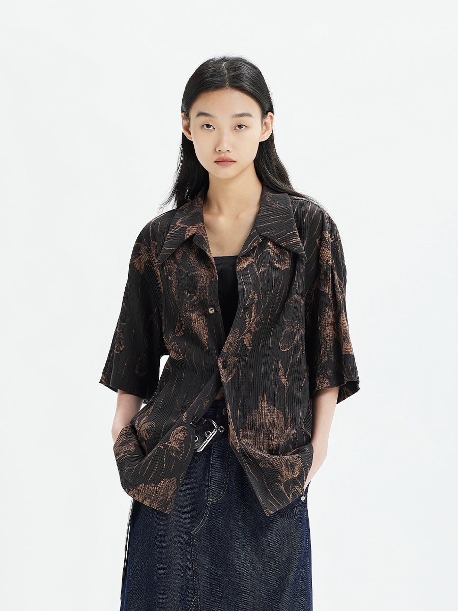 Vintage-Inspired Pleated Texture Full-Print Shirt  OR0500