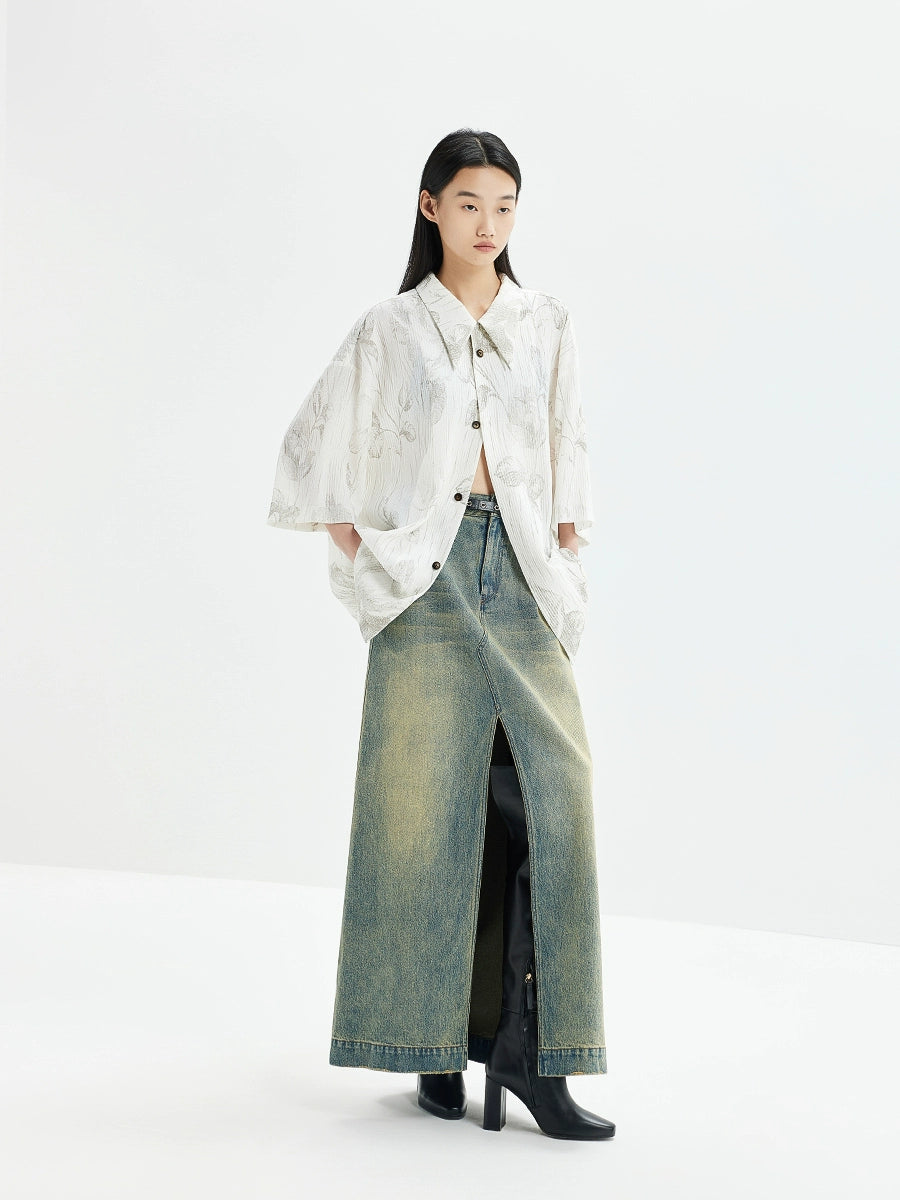 Vintage-Inspired Pleated Texture Full-Print Shirt  OR0500