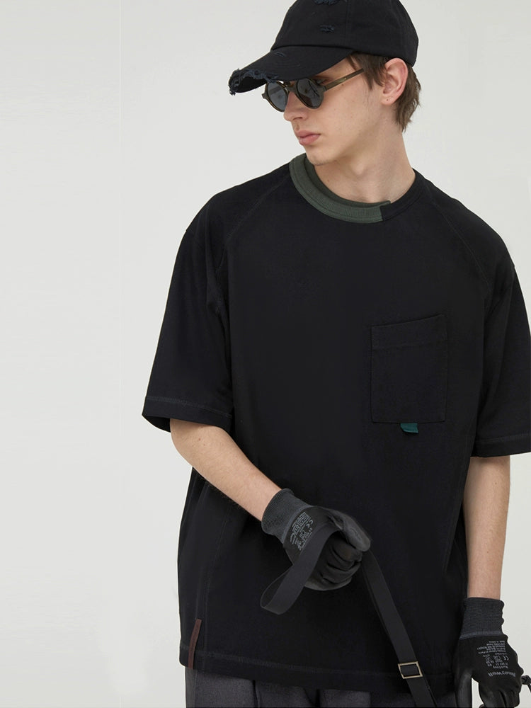Asymmetric Neck Contrast Trim Tee  OR0517