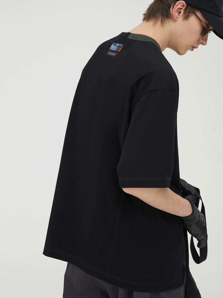 Asymmetric Neck Contrast Trim Tee  OR0517