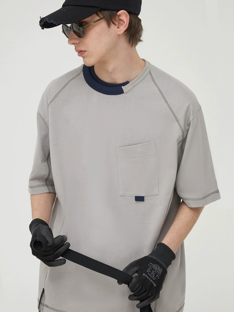 Asymmetric Neck Contrast Trim Tee  OR0517