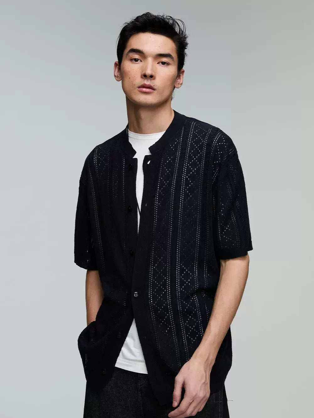 Lyocell Linen Blend Tri-Color Stand Collar Knit Shirt  OR0538
