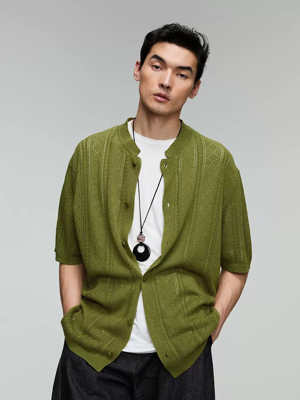 Lyocell Linen Blend Tri-Color Stand Collar Knit Shirt  OR0538