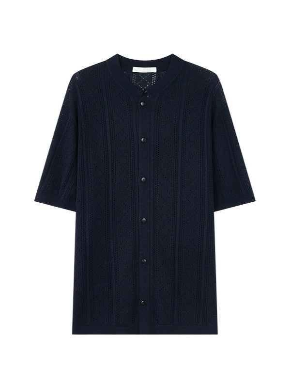 Lyocell Linen Blend Tri-Color Stand Collar Knit Shirt  OR0538