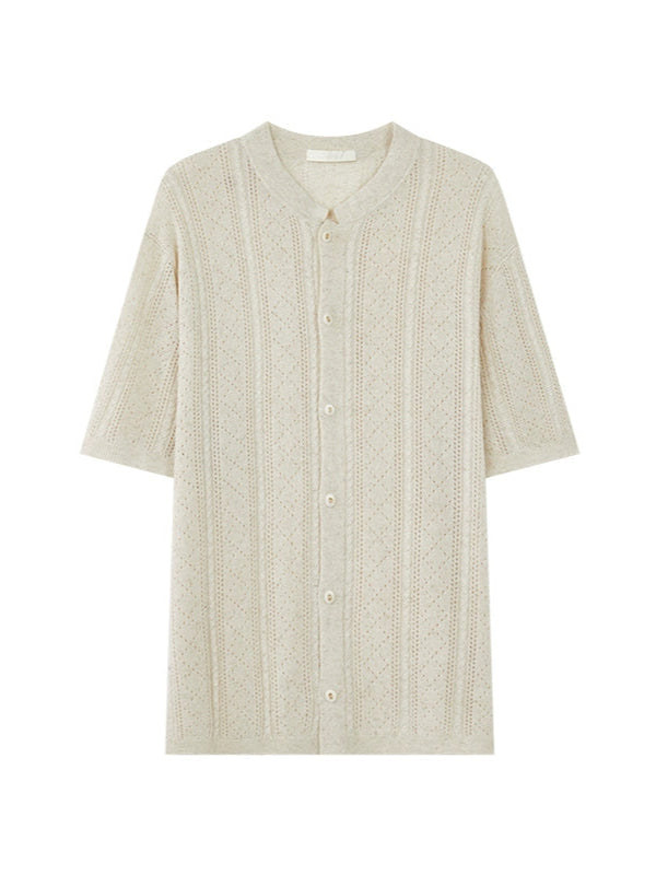 Lyocell Linen Blend Tri-Color Stand Collar Knit Shirt  OR0538