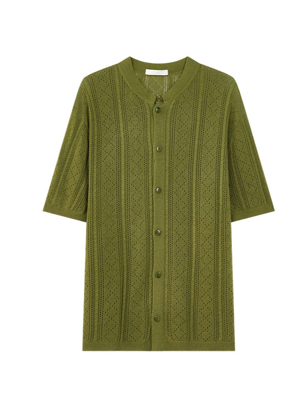 Lyocell Linen Blend Tri-Color Stand Collar Knit Shirt  OR0538