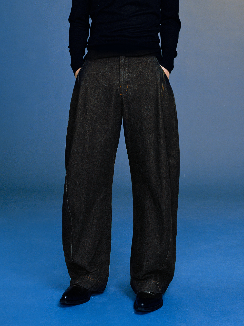 Raw Denim Black Curved Cut Wide-Leg Pants  OR0540