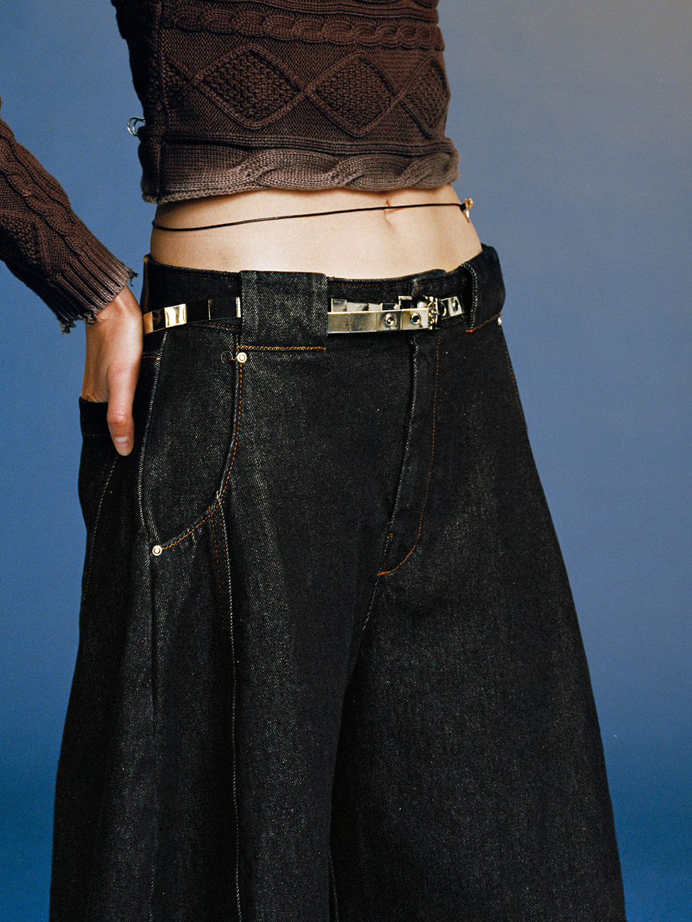 Raw Denim Black Curved Cut Wide-Leg Pants  OR0540