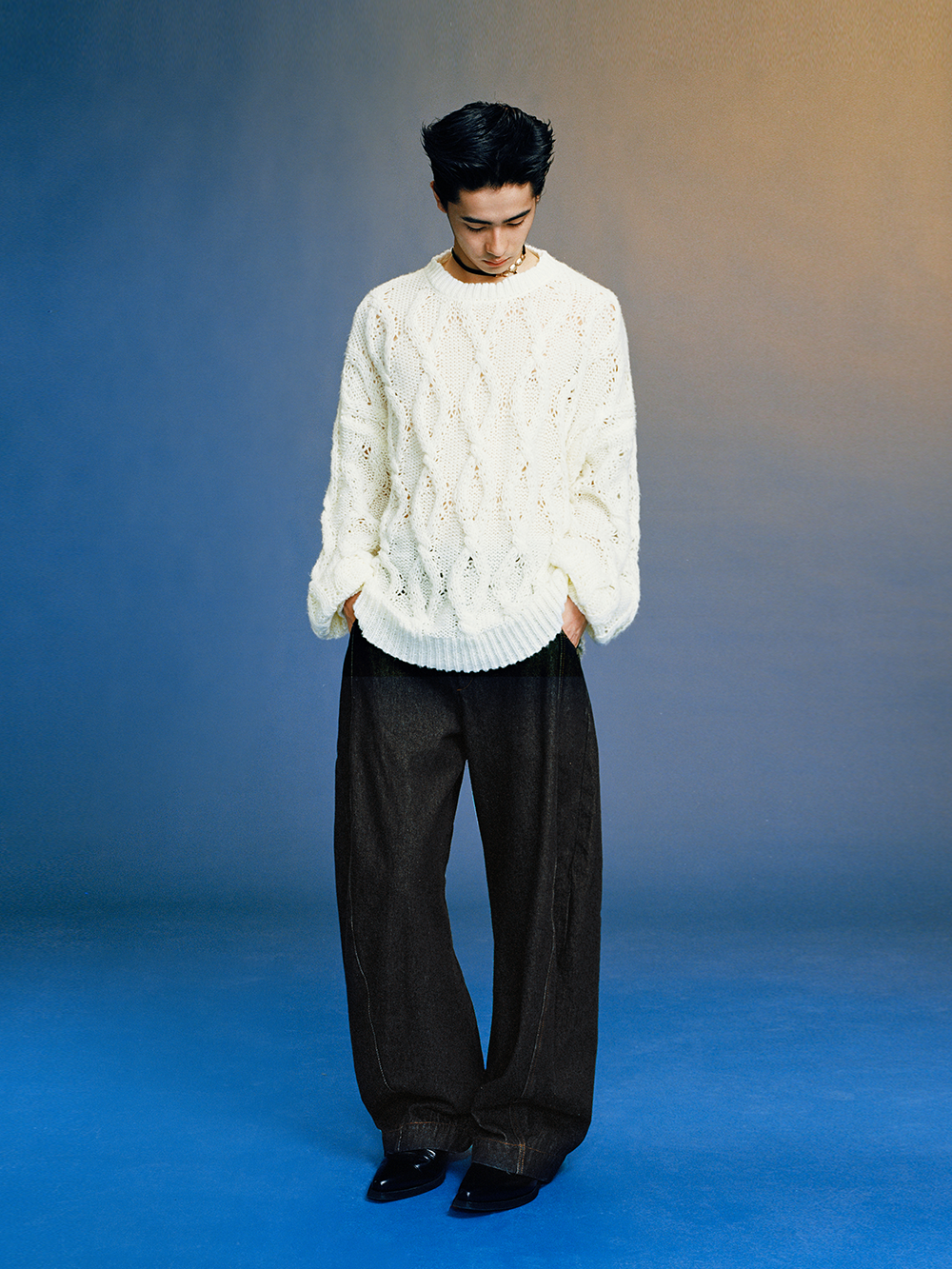 Raw Denim Black Curved Cut Wide-Leg Pants  OR0540