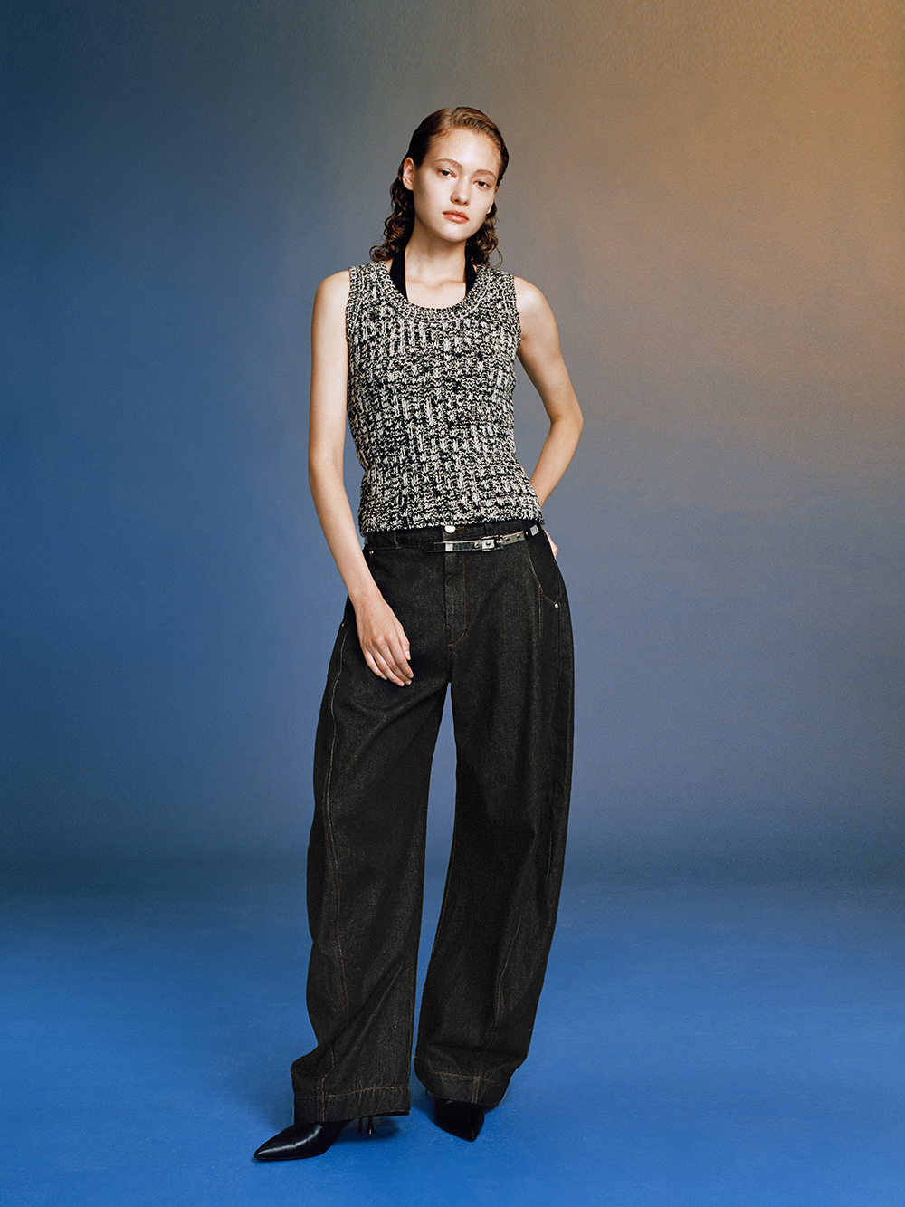 Raw Denim Black Curved Cut Wide-Leg Pants  OR0540