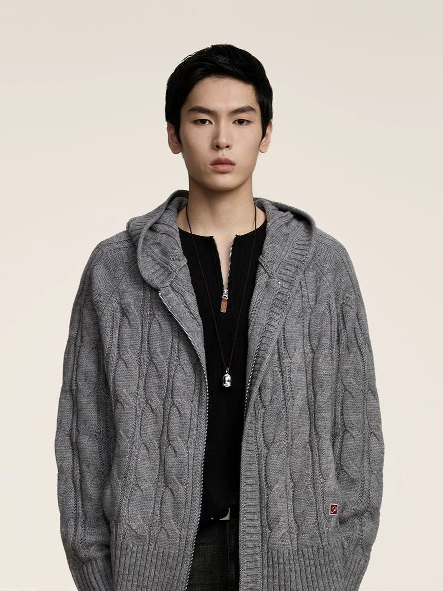 Wool-Blend Cable Knit Hooded Cardigan  OR0557