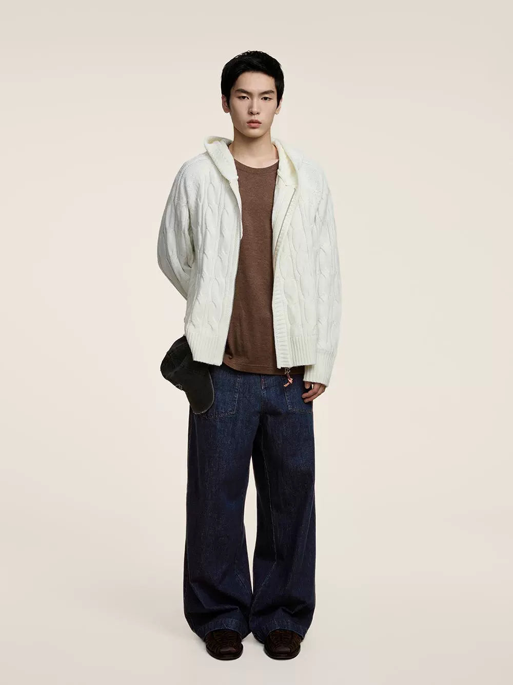 Wool-Blend Cable Knit Hooded Cardigan  OR0557