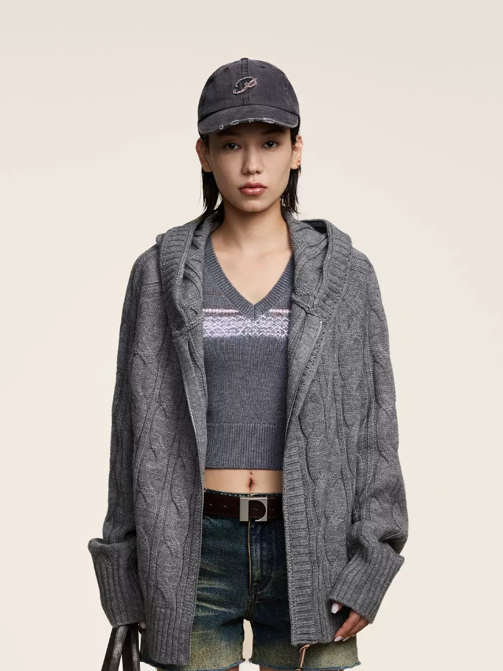 Wool-Blend Cable Knit Hooded Cardigan  OR0557