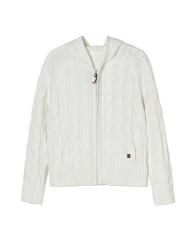 Wool-Blend Cable Knit Hooded Cardigan  OR0557