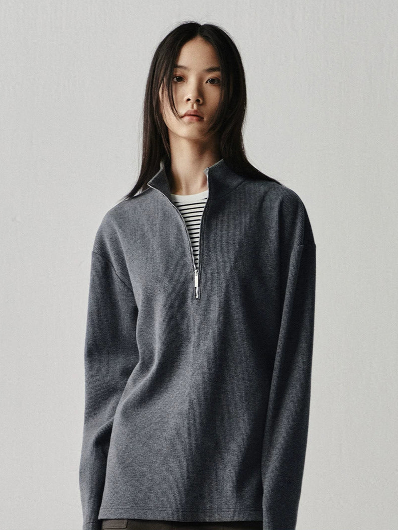Waffle Knit Zipper Mock Neck Relaxed Fit Tee  OR0564