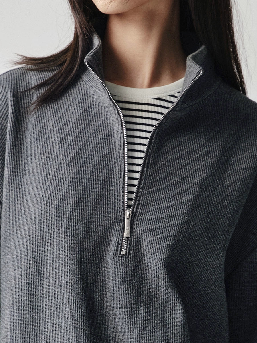 Waffle Knit Zipper Mock Neck Relaxed Fit Tee  OR0564