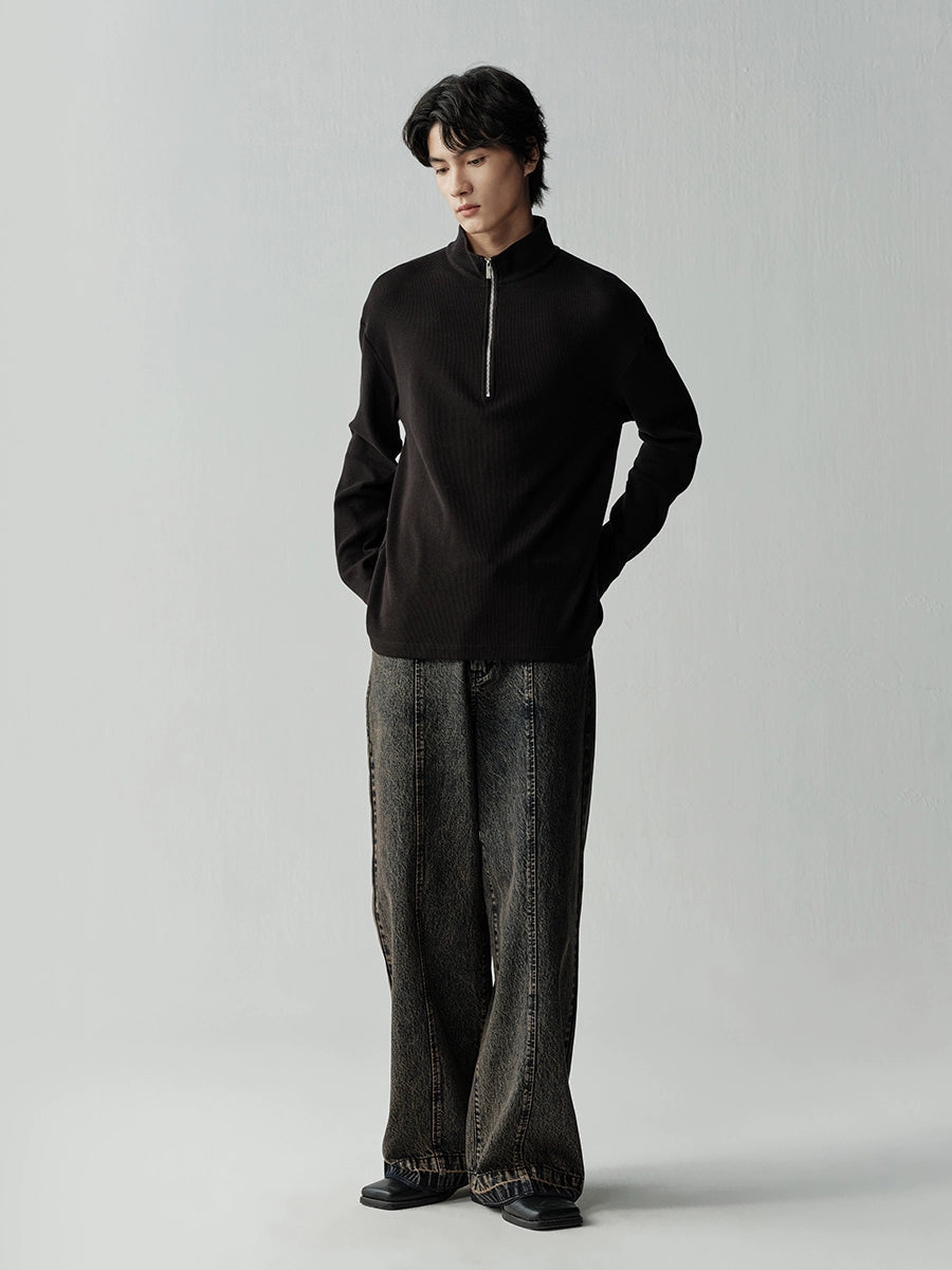 Waffle Knit Zipper Mock Neck Relaxed Fit Tee  OR0564