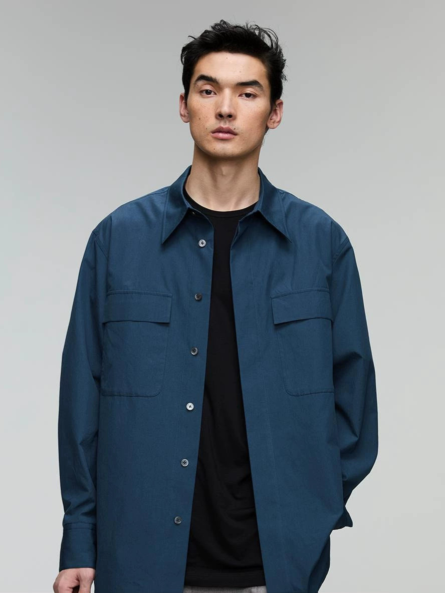 Vintage Stand Collar Sea Blue Cotton Shirt  OR0565