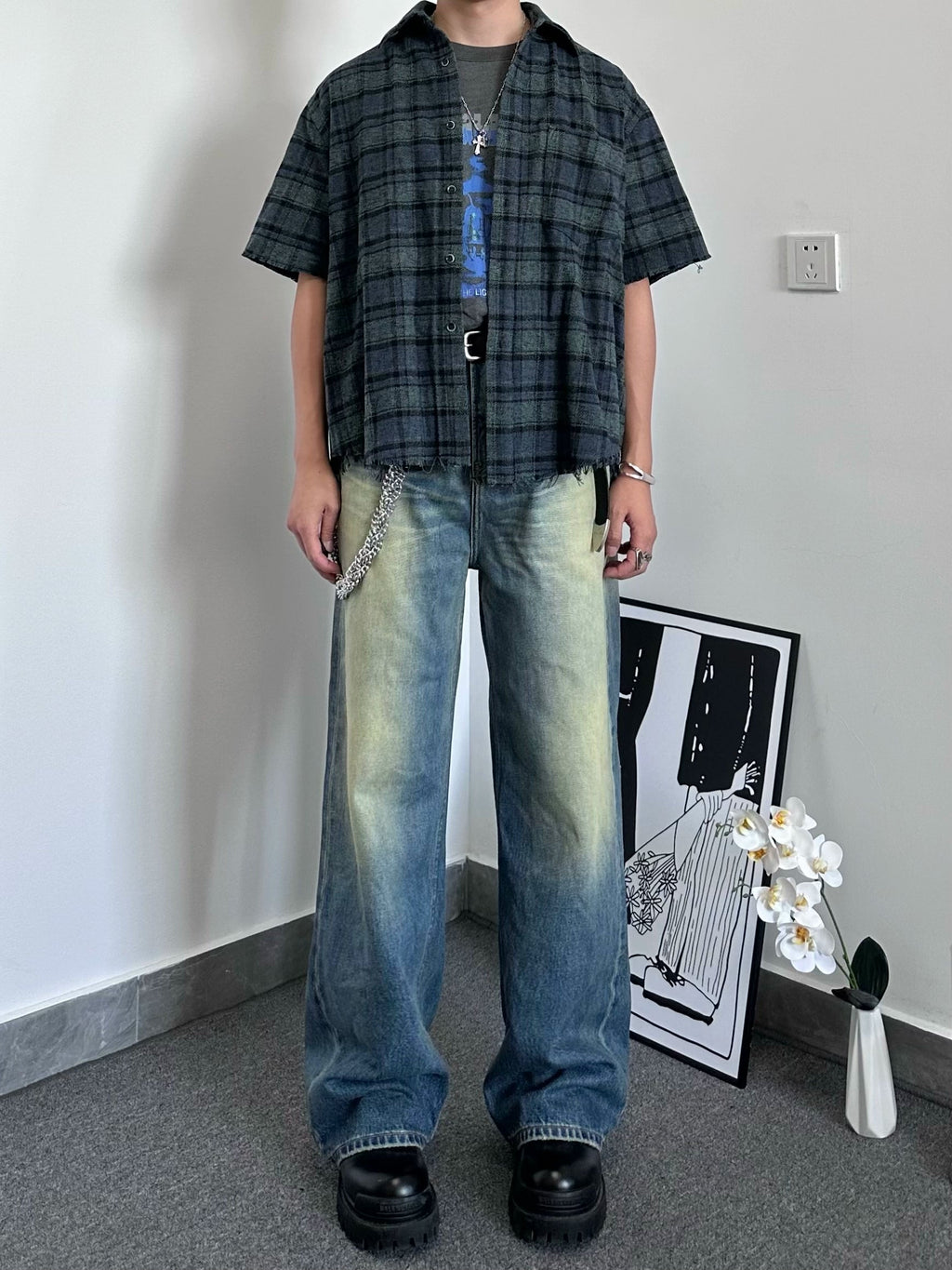 Vintage Wash Oversized Fringed Check Shirt  OR0575