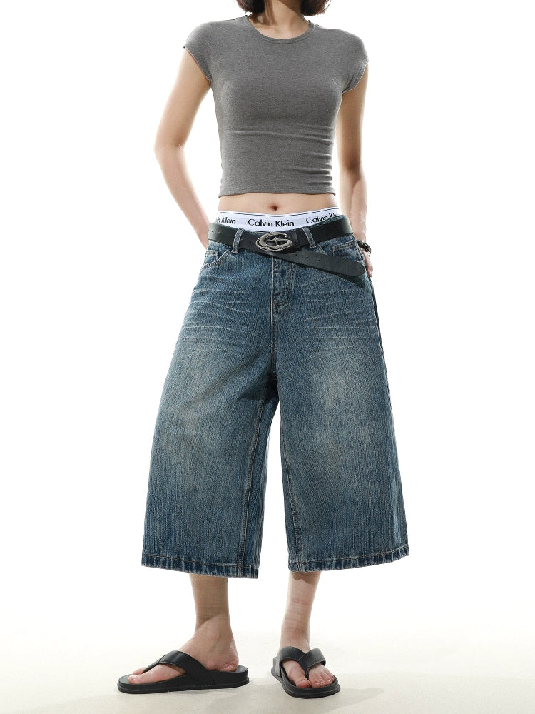 Retro Washed Bamboo Denim Half Pants  OR0584