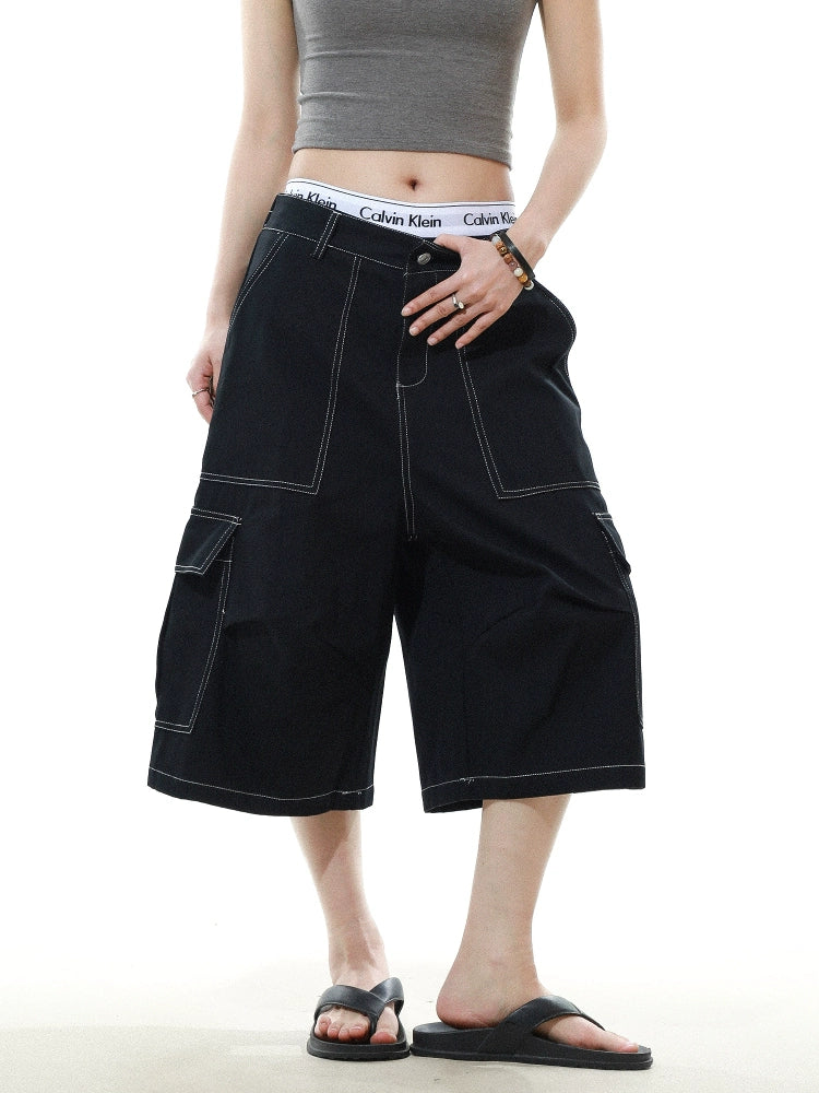 Pleated Bright Line Straight Denim Shorts  OR0585