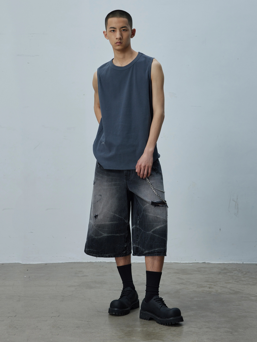 Black Tie-Dye Washed Distressed Denim Shorts  OR0593