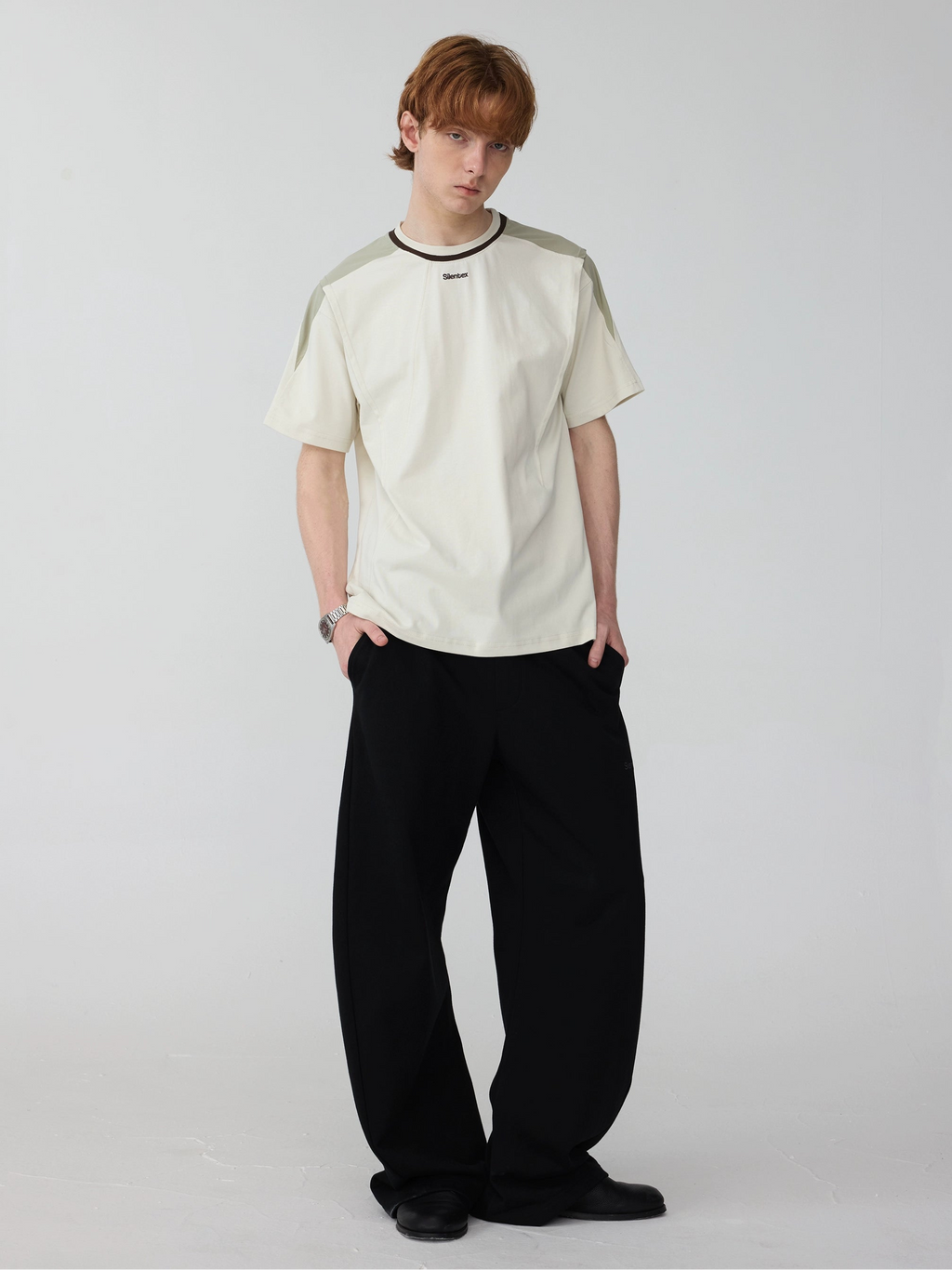 Contrast Panel Embroidered Loose Tee  OR0606