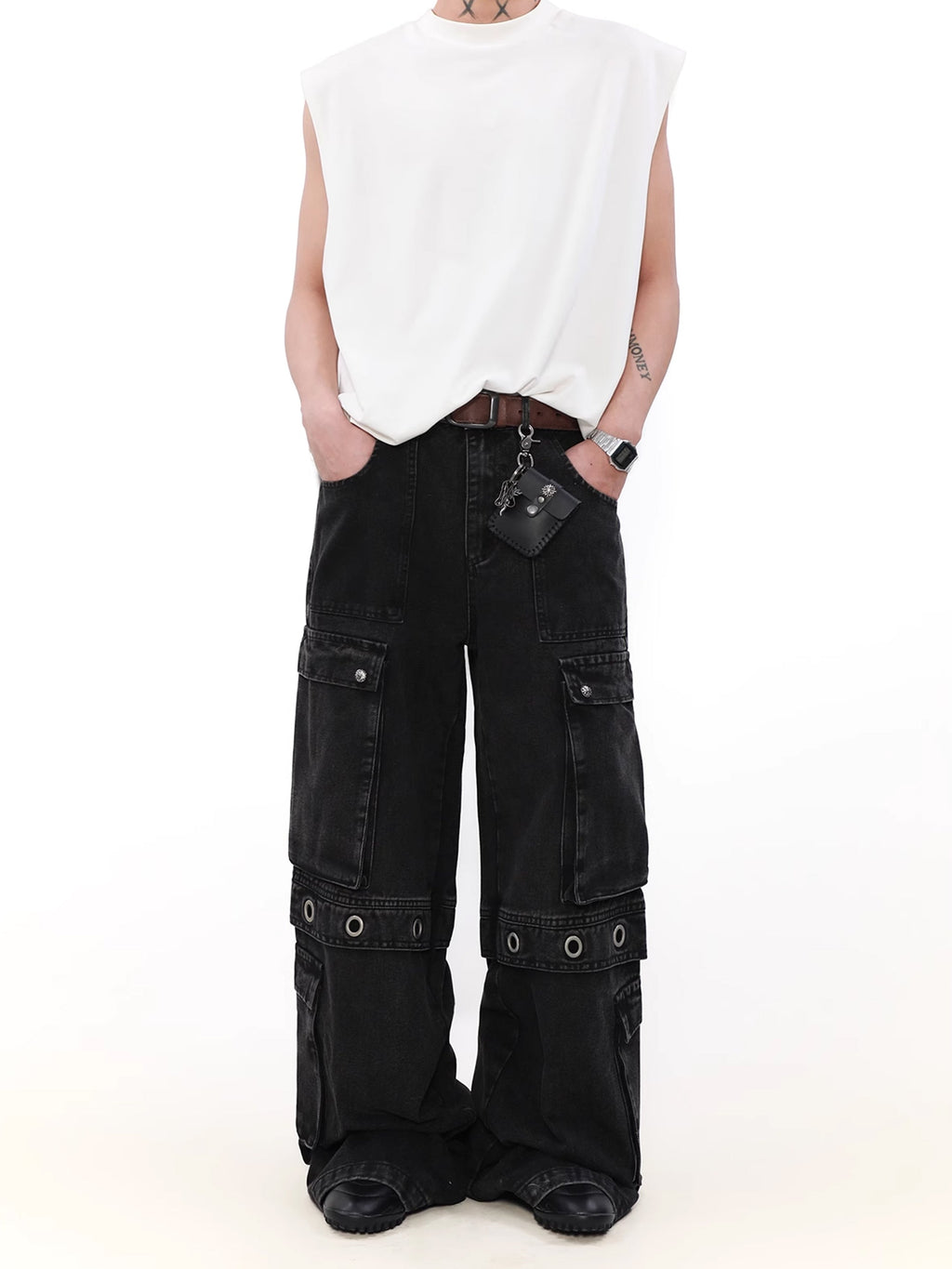 Multi Pocket Belt Denim Cargo Pants  OR0639