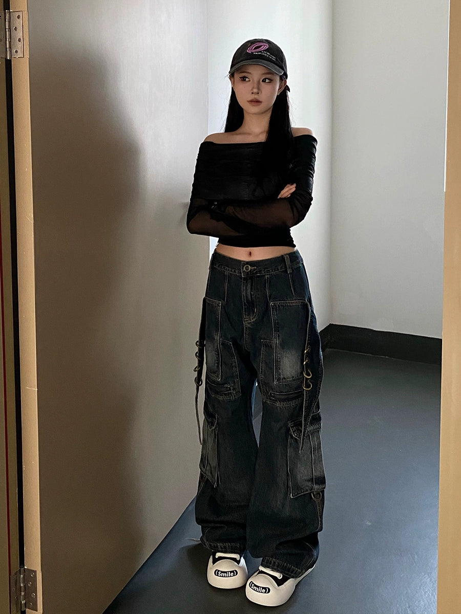 Metal Ring Denim Cargo Pants  OR0681