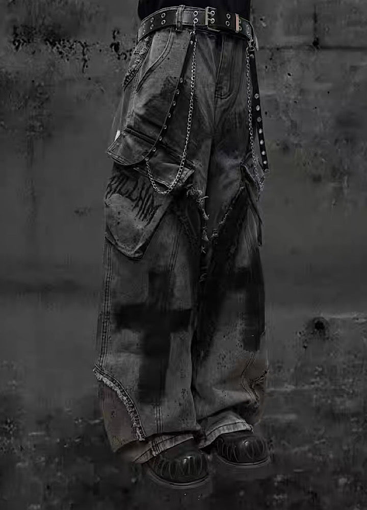 Cross painted double design dull gray cargo denim pants  OR0702