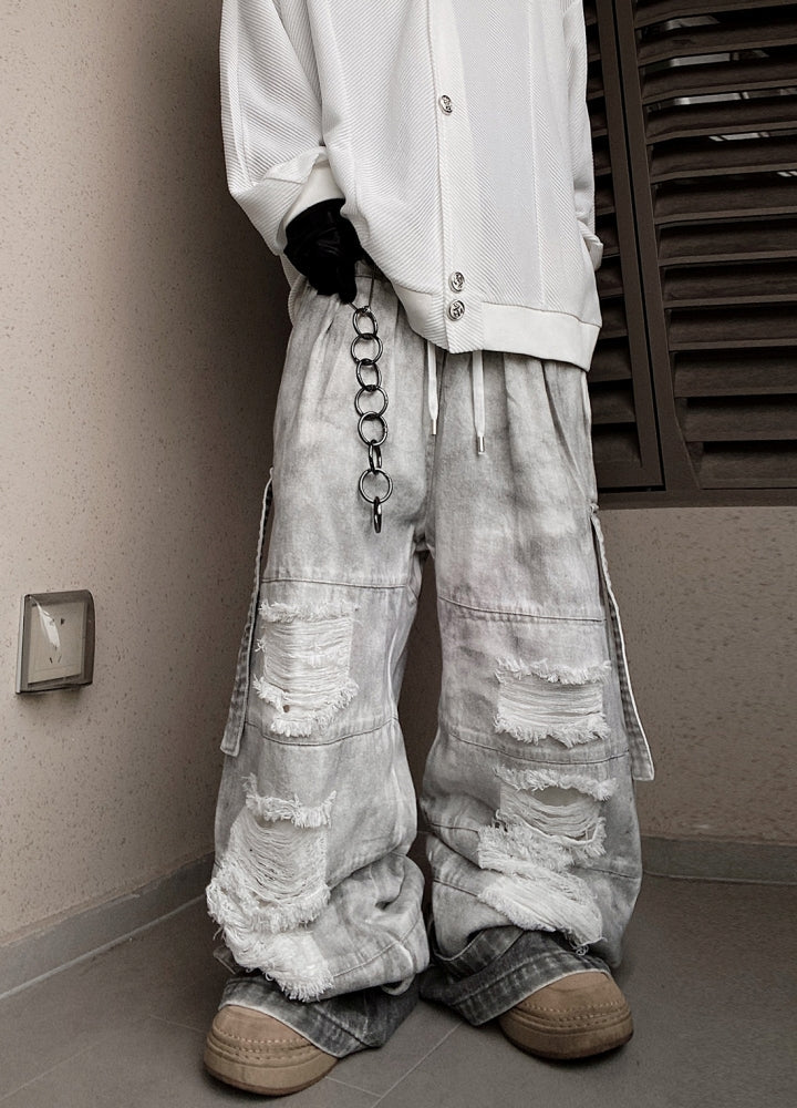 Mid-distressed vintage color wide pants  OR0704