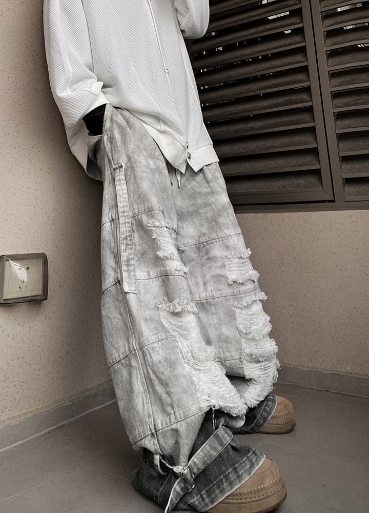 Mid-distressed vintage color wide pants  OR0704