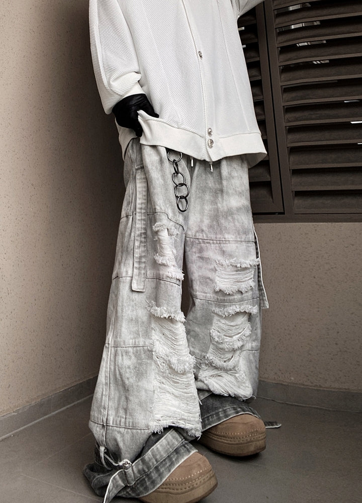 Mid-distressed vintage color wide pants  OR0704