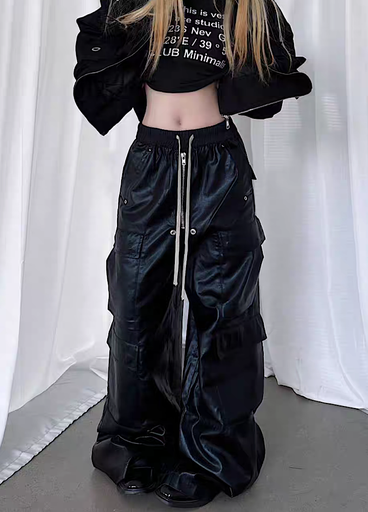 High-grade wide silhouette design three-dimensional leather pants  OR0709