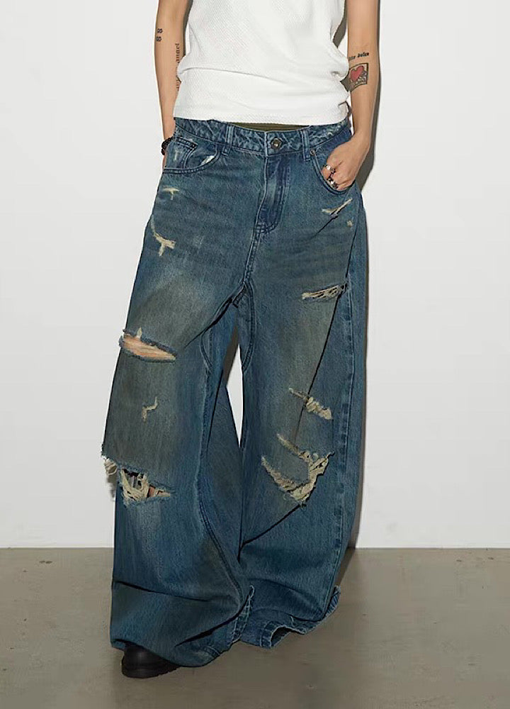 Countless Damaged Wash Design Wide Style Denim Pants  OR0714