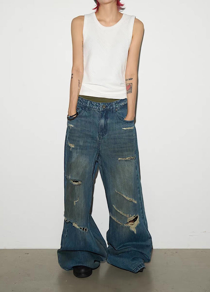 Countless Damaged Wash Design Wide Style Denim Pants  OR0714