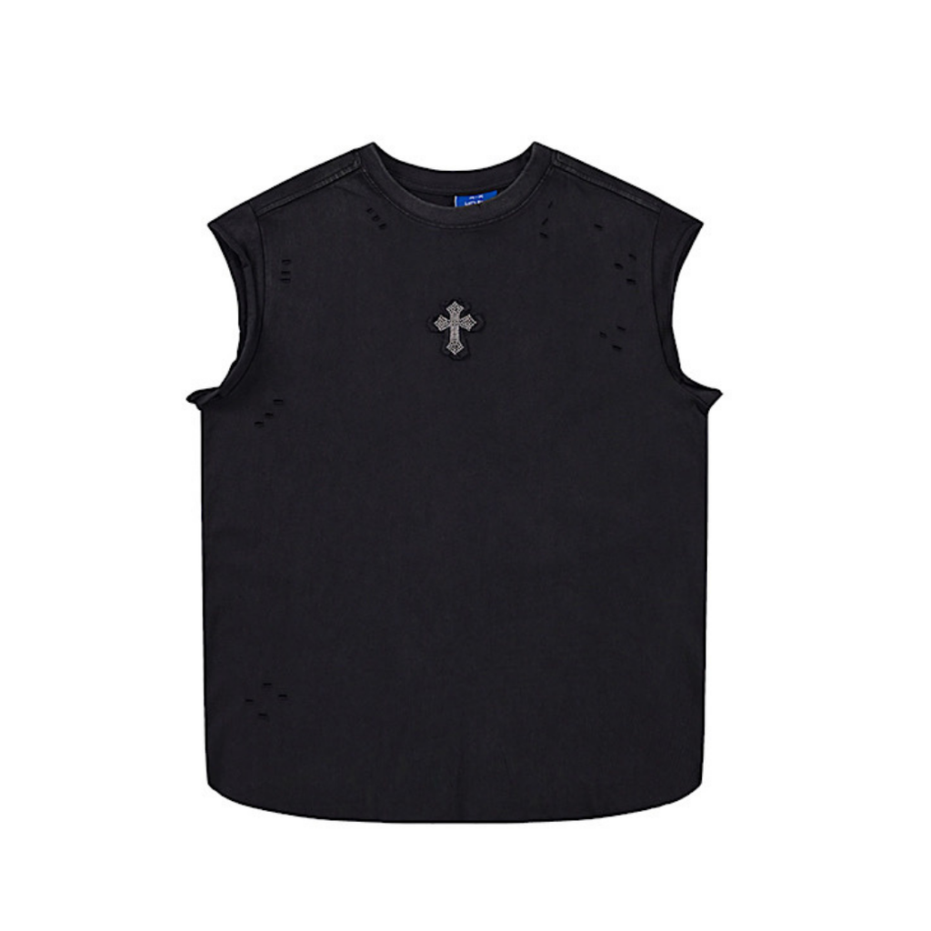 Front and back cross motif design basic black sleeveless top  OR0717