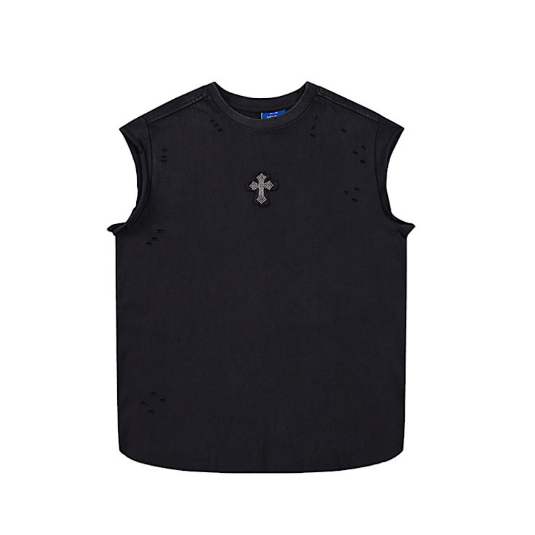 Front and back cross motif design basic black sleeveless top  OR0717