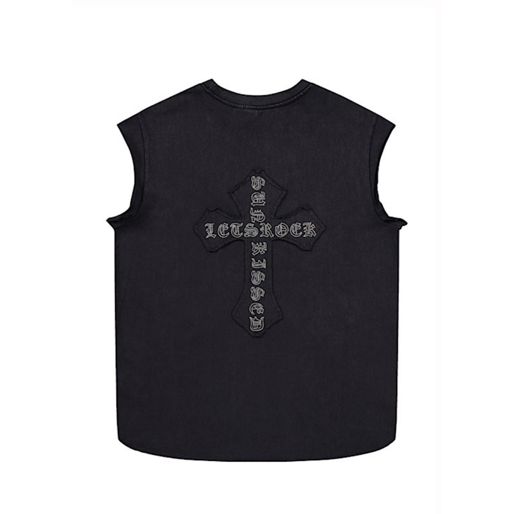 Front and back cross motif design basic black sleeveless top  OR0717